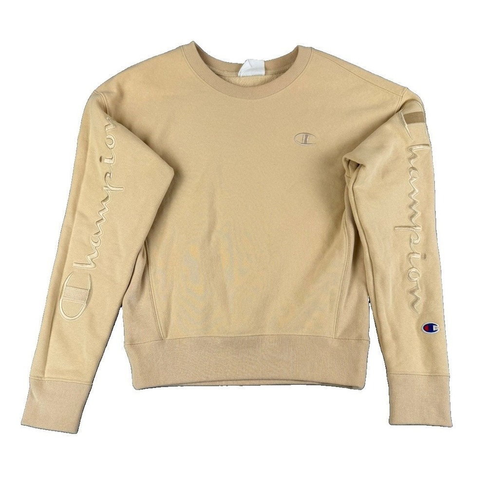 Champion Reverse Weave Sweatshirt Womens S Tan Beige Embroidered Sleeve Logo